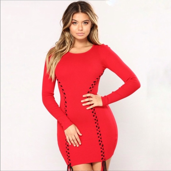 NWT Boutique Red Long Sleeves Mini Bandage Stretch Cocktail Fitted Dress M - Picture 1 of 7